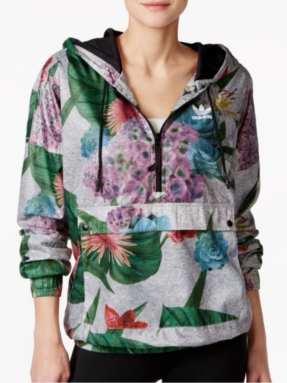 Adidas Gray Hooded Windbreaker with Green and Purple Floral Design SIZE SMALL